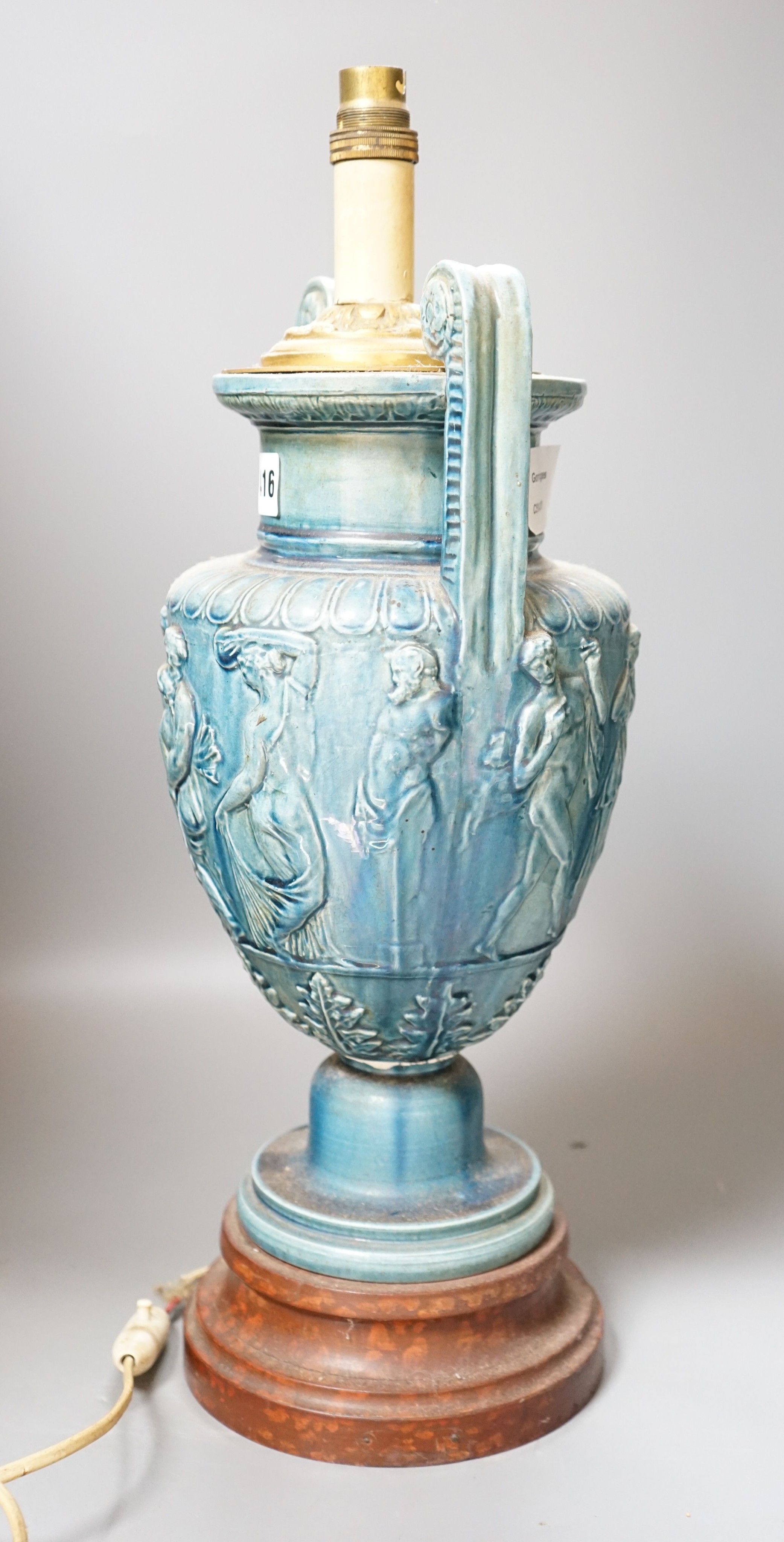 A Roman revival blue glazed table lamp